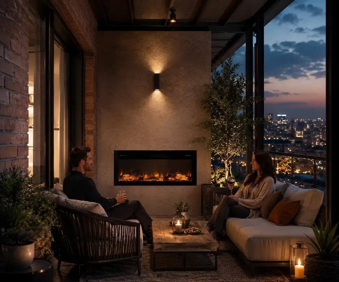 Wall-mounted electric fireplace in a dark living room