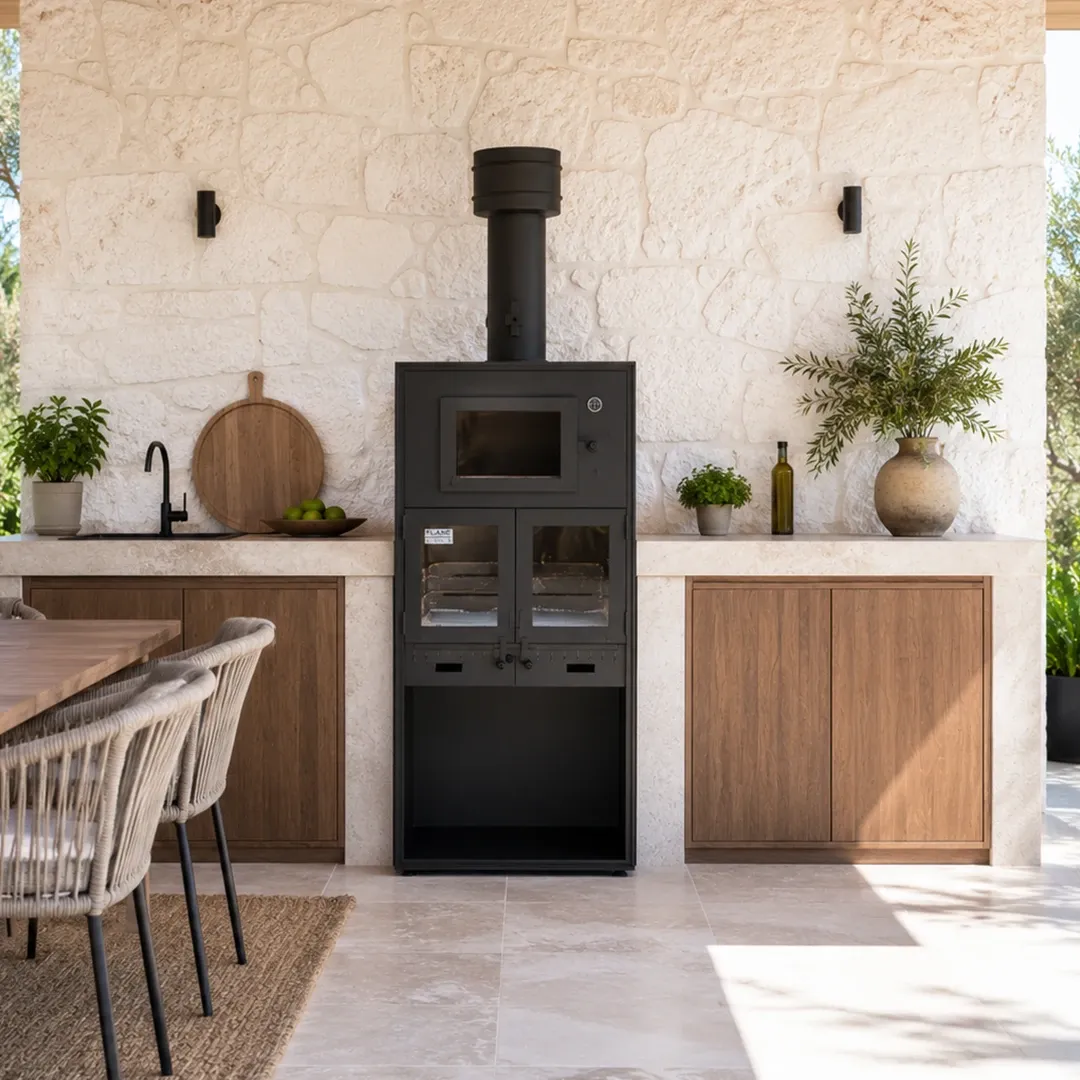 Black wood-burning stove against a white stone wall