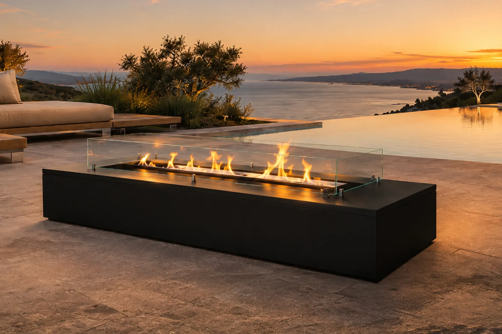 Korflame bioethanol fire table by an infinity pool at sunset